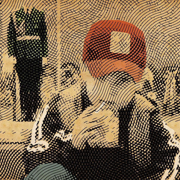 Смешанная техника — штриховка с переменной толщиной линии + цветовой подмалевок. Работа на оптическое смешение. Линии разной толщины поверх цветового тона. Дискретная моделировка формы. Прищуривание как способ контроля целого [Mixed technique — hatching with variable line thickness + color underpainting. Work on optical mixing. Lines of different thickness over color tone. Discrete shape modeling. Squinting as a way to control the whole]