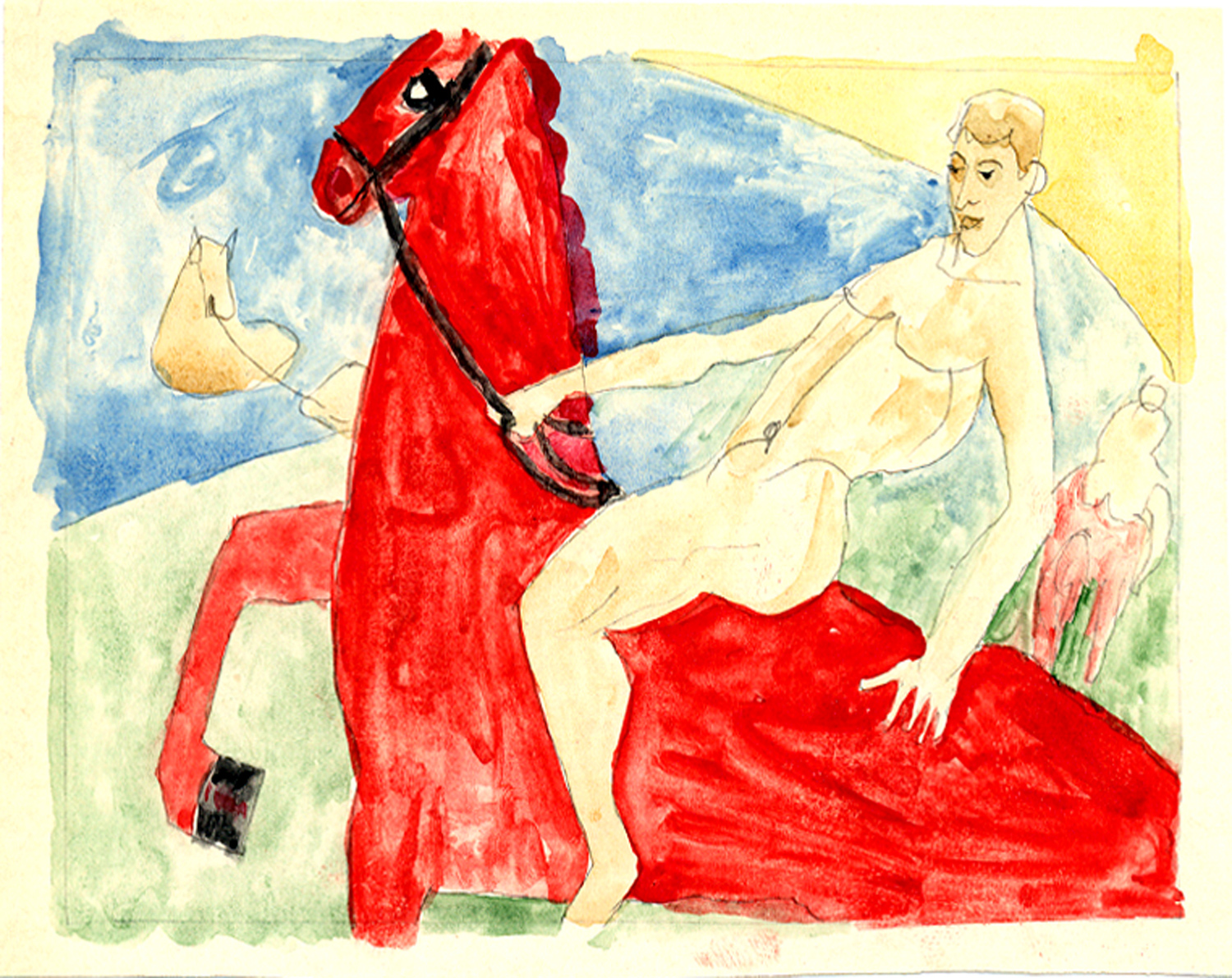 Купание красного коня. По Петрову-Водкину. Акварель. [Bathing of the Red Horse. After Petrov-Vodkin. Watercolor.]